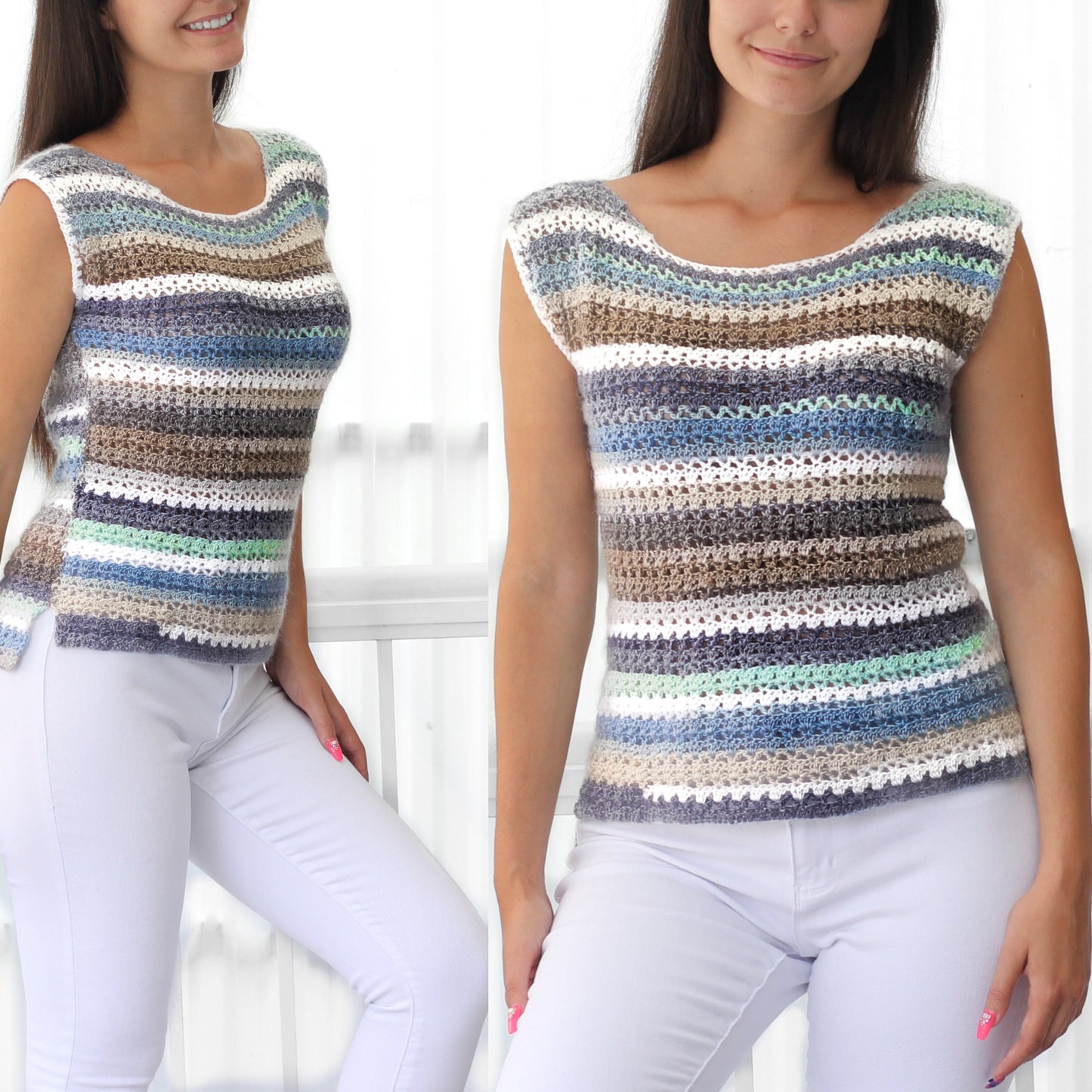 May include: A striped crochet top with a scoop neck and sleeveless design. The top is made with a variety of colors, including white, blue, brown, and green.