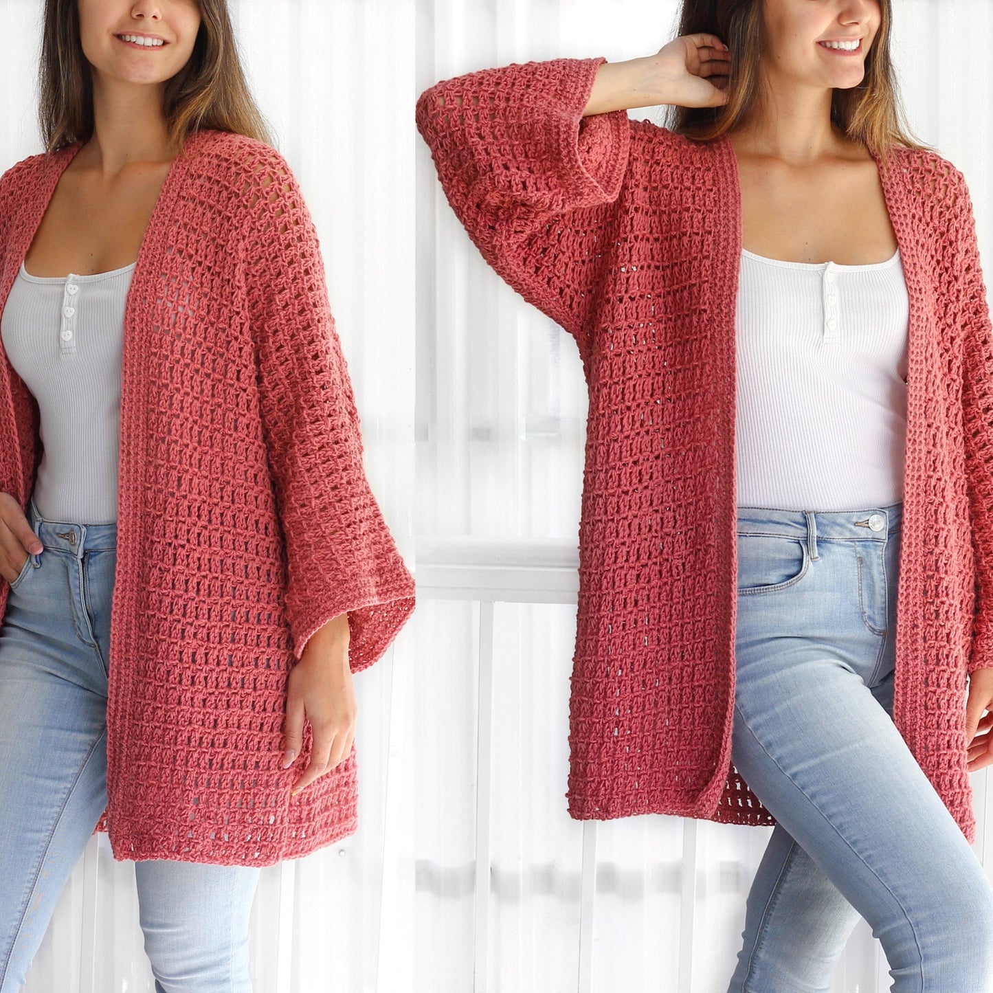 May include: A long, open-front cardigan in a dusty rose color, crocheted with a lacy stitch pattern. The cardigan has wide, flowing sleeves and a relaxed fit.