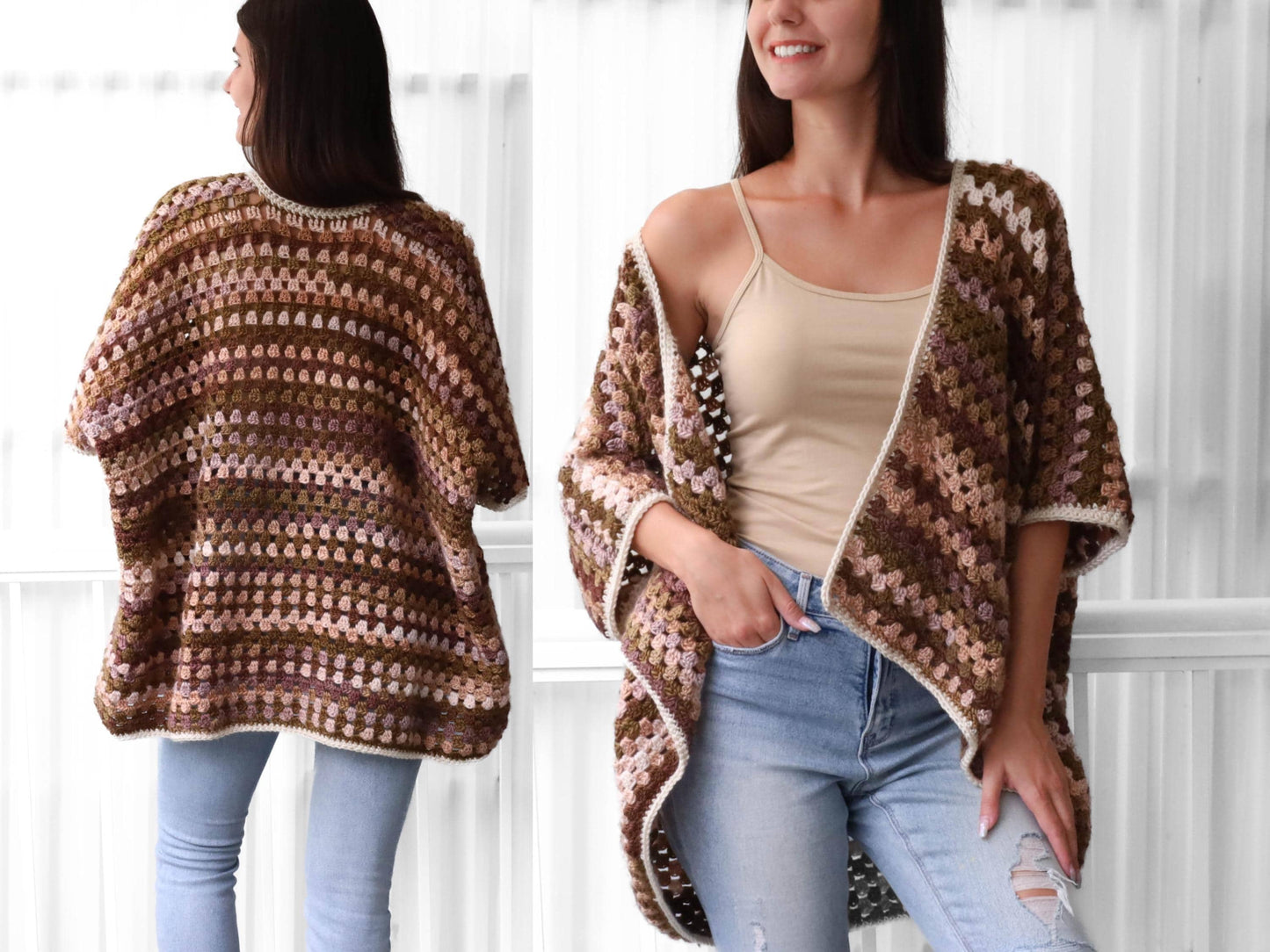 May include: A brown, pink, and white crocheted cardigan with a loose fit and a slightly open front. The cardigan has a striped pattern and a crocheted border.