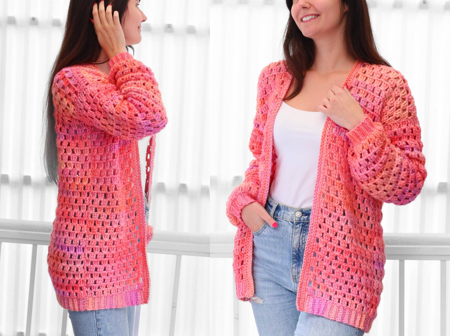 May include: A long, open-front crochet cardigan in shades of pink, orange, and purple. The handmade sweater features a textured, open weave design with long sleeves and a relaxed fit. The cardigan is worn over a white top and blue jeans.
