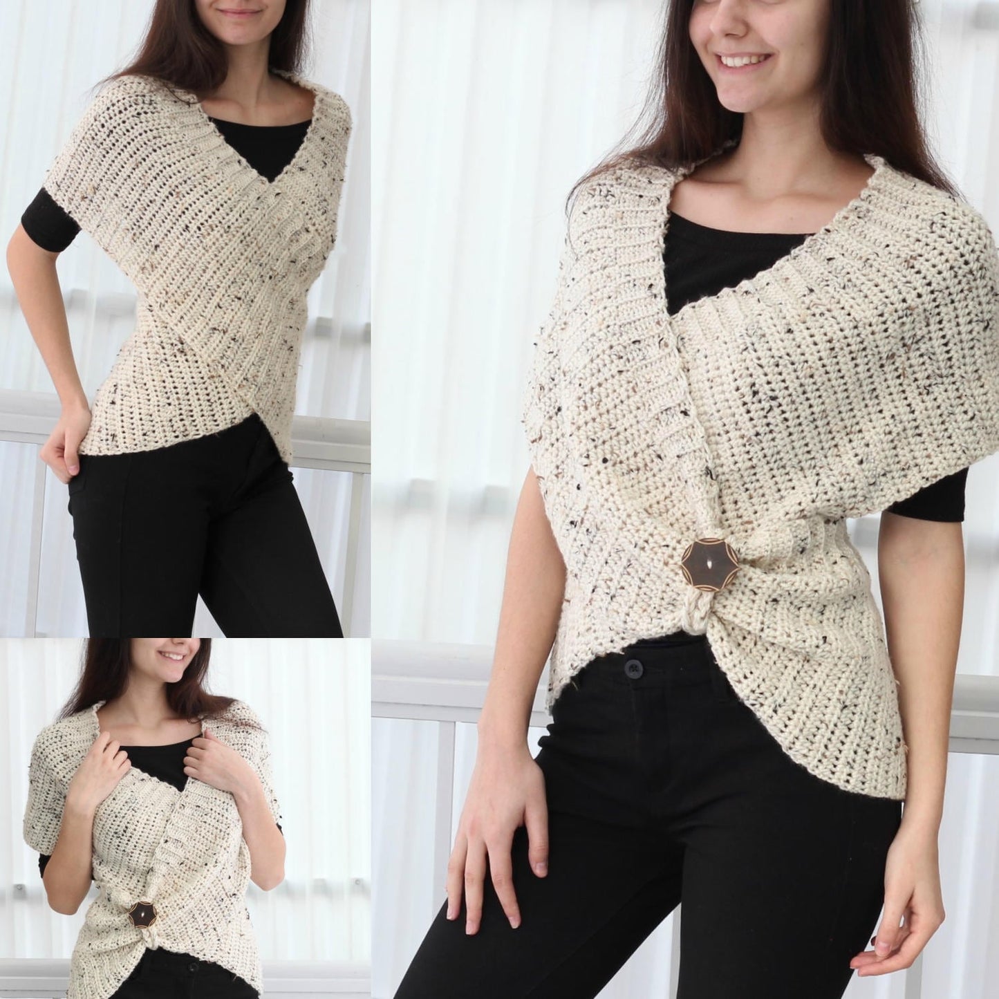 May include: A white crocheted wrap with a brown button closure. The wrap is worn over a black top and black pants.