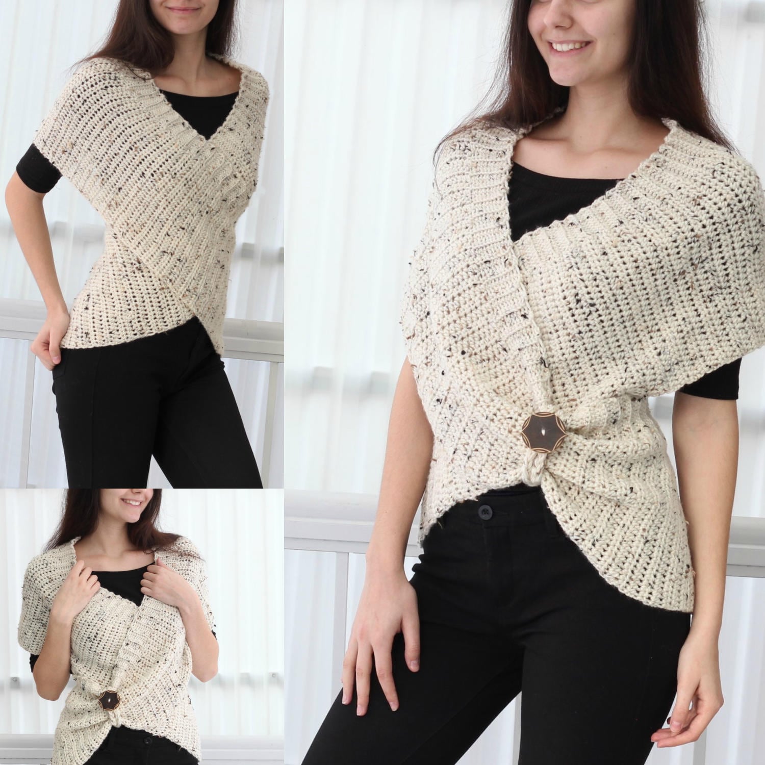 May include: A white crocheted wrap with a brown button closure. The wrap is worn over a black top and black pants.