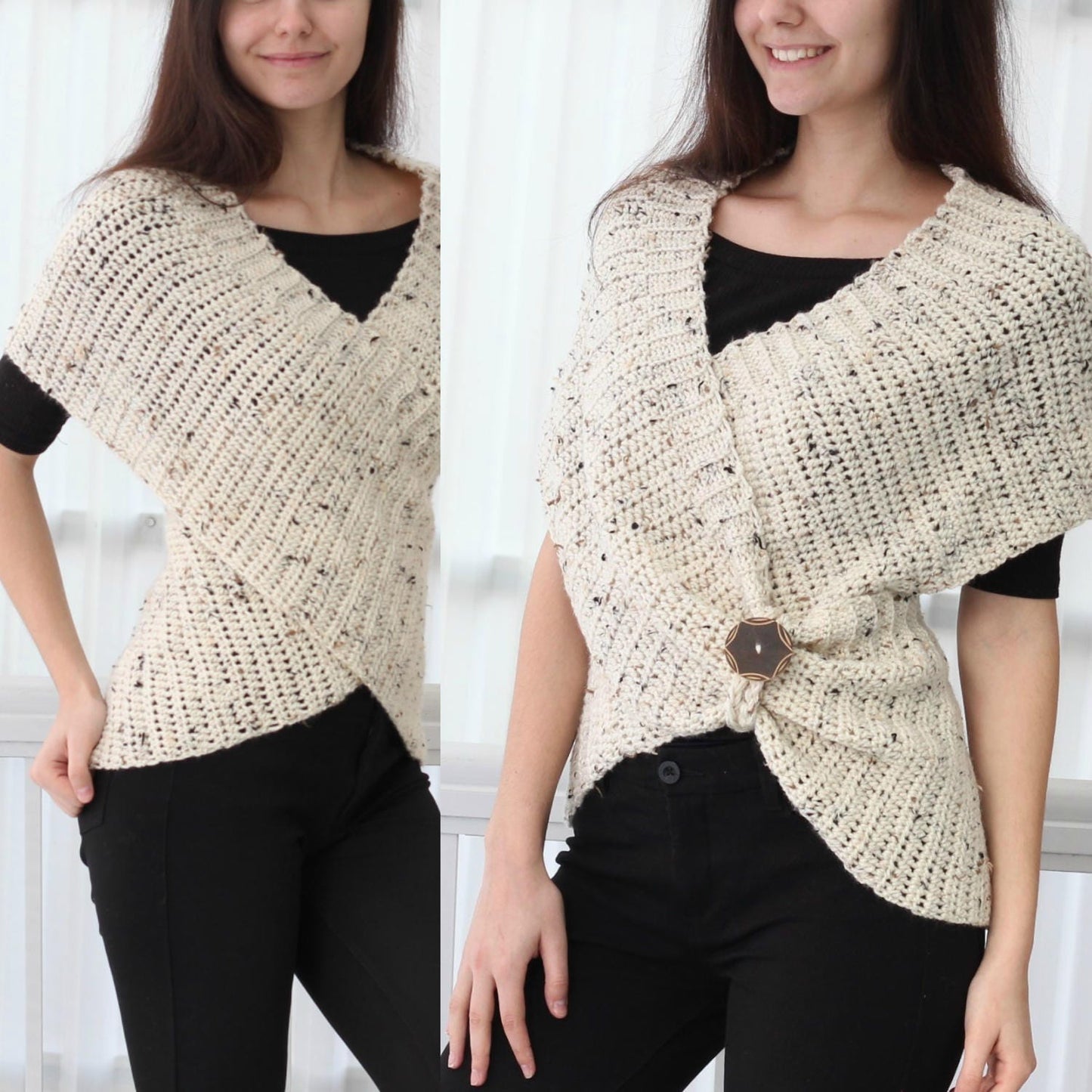 May include: A white crocheted wrap with a button closure. The wrap is worn over a black top and black pants.