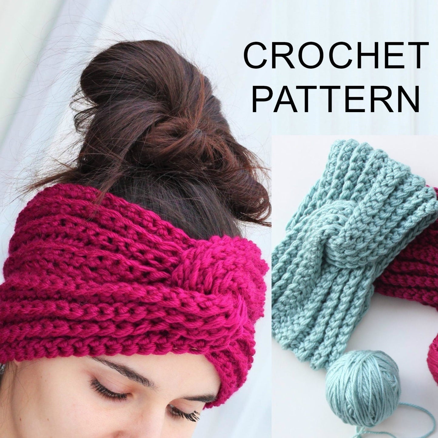 May include: Crochet pattern for a headband with a knotted design. The headband is shown in two colors: pink and light blue. The pattern includes instructions for making the headband.
