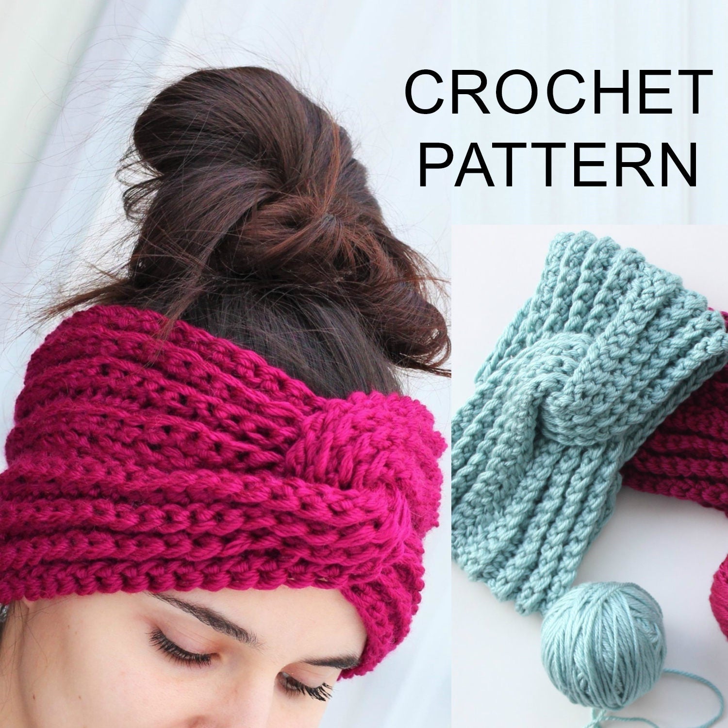 May include: Crochet pattern for a headband with a knotted design. The headband is shown in two colors: pink and light blue. The pattern includes instructions for making the headband.