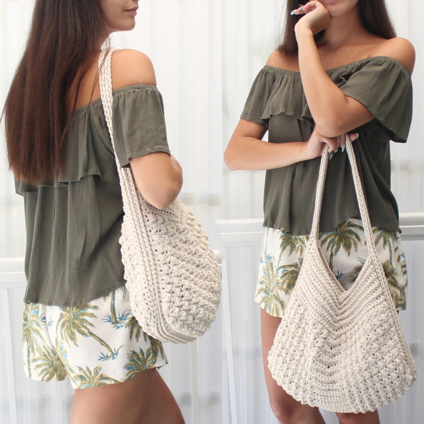 May include: A cream-colored, handmade crochet tote bag with a long strap. The bag has a textured pattern and a rounded bottom. The bag is being held by a person wearing a green off-the-shoulder top and palm tree print shorts.