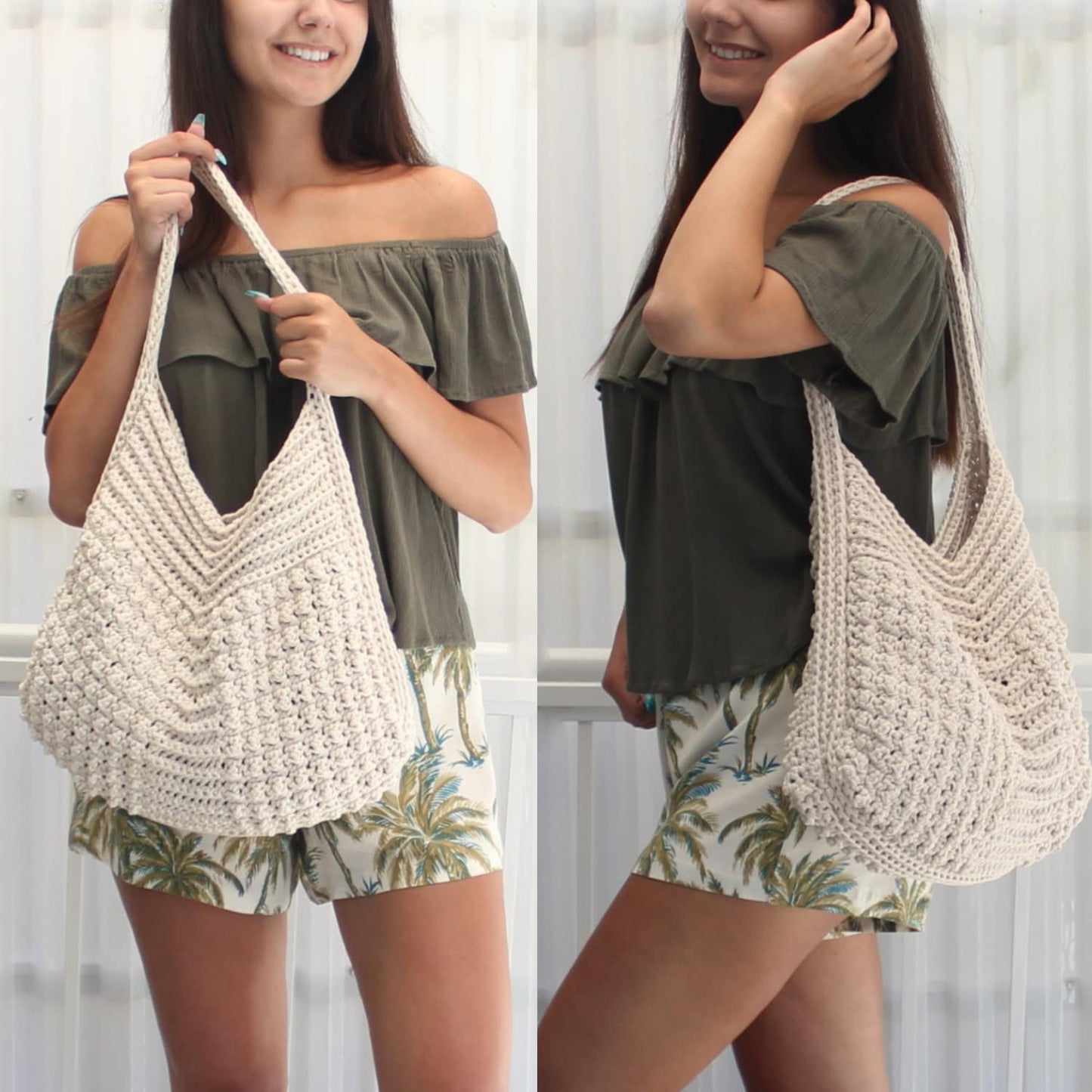 May include: A cream-colored, hand-crocheted tote bag with a distinctive V-shaped design. The bag features a textured stitch pattern and long straps for shoulder or hand carry. The bag is shown in a lifestyle shot.