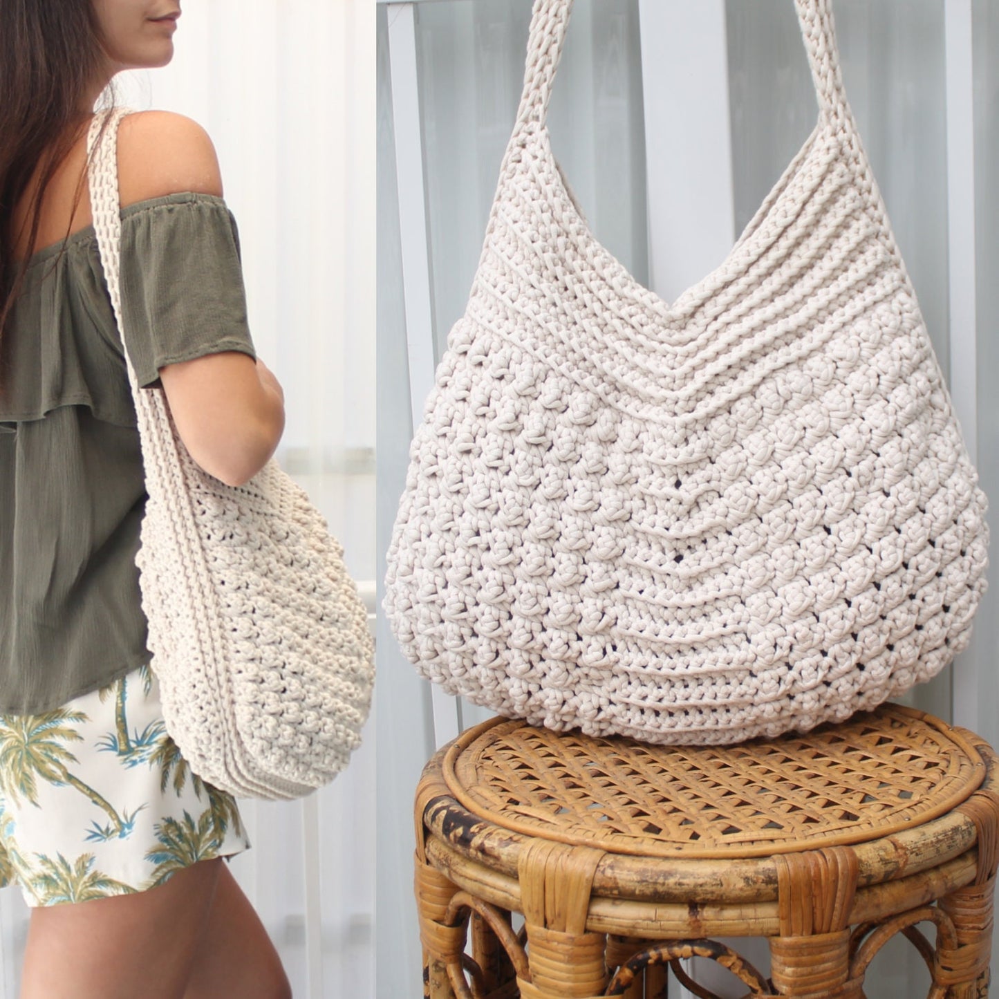 May include: Cream-colored, handmade crochet tote bag with a wide shoulder strap. The bag features a textured pattern and a spacious interior. The bag is shown on a small, round, woven table.