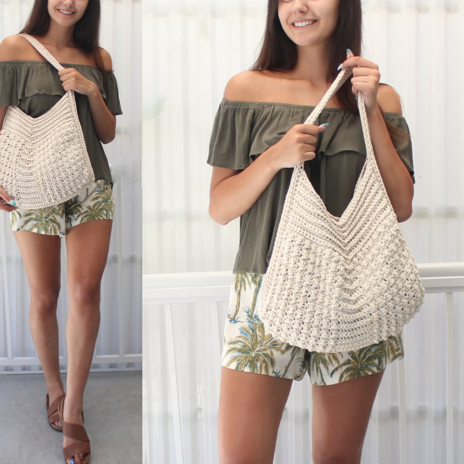 May include: Off-white crochet shoulder bag with a textured stitch pattern. The bag has a wide, open top and a long strap. The bag is held by a person wearing a green off-the-shoulder top and palm tree print shorts.