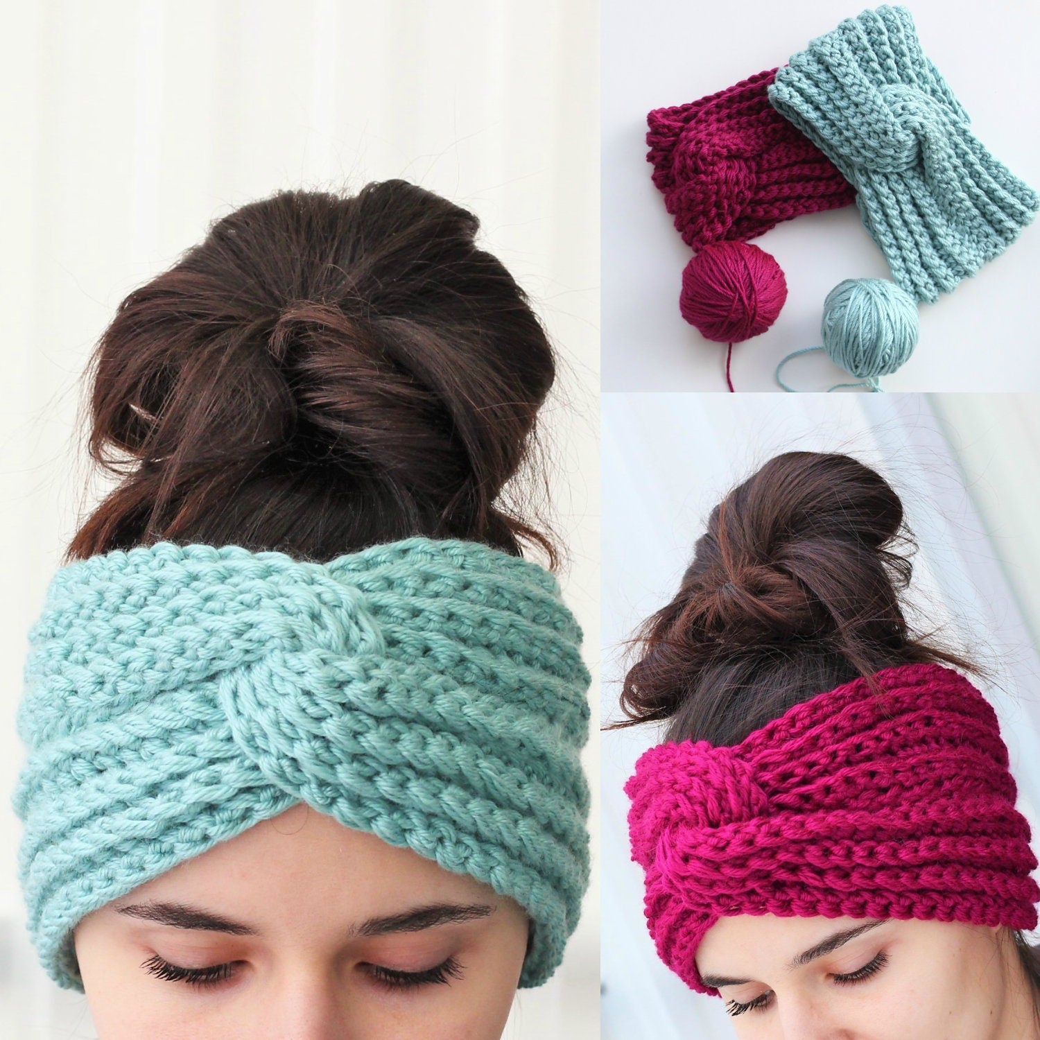 May include: Two women wearing crocheted headbands. One headband is teal blue and the other is a deep pink. Both headbands are knotted in the center.