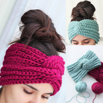 May include: Two women wearing crocheted headbands. One headband is pink and the other is light blue. The headbands are tied in a knot on top of the head.