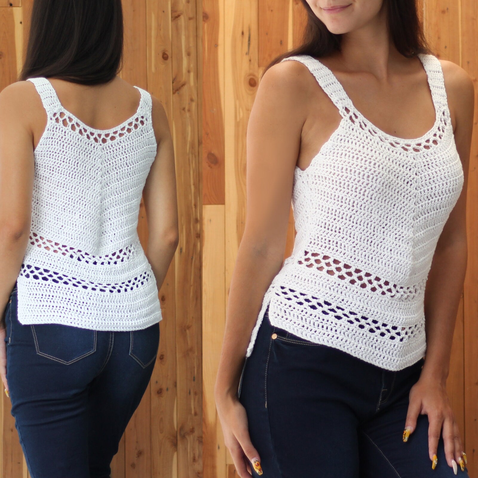 May include: White crochet tank top with a delicate openwork design. The top has a scoop neck and thin straps. The model is wearing the top with blue jeans.