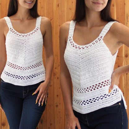 May include: White crochet tank top with a delicate openwork design. The top has a scoop neck and thin straps.