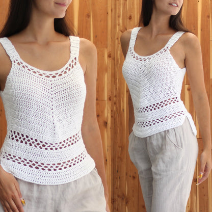 May include: White crochet tank top with a delicate openwork pattern. The top has a scoop neck and thin straps.