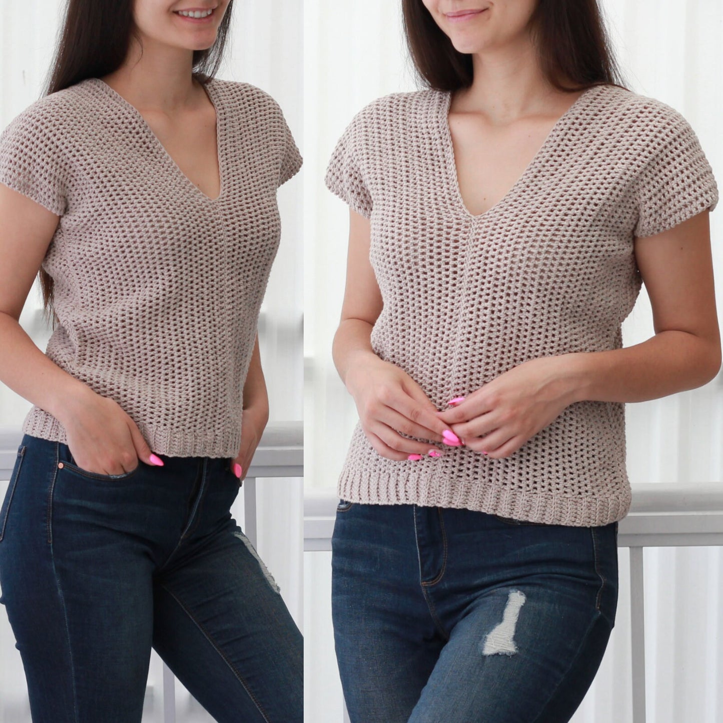 May include: A beige crochet top with a v-neck and short sleeves. The top is made with a loose, open stitch pattern. The model is wearing blue jeans.