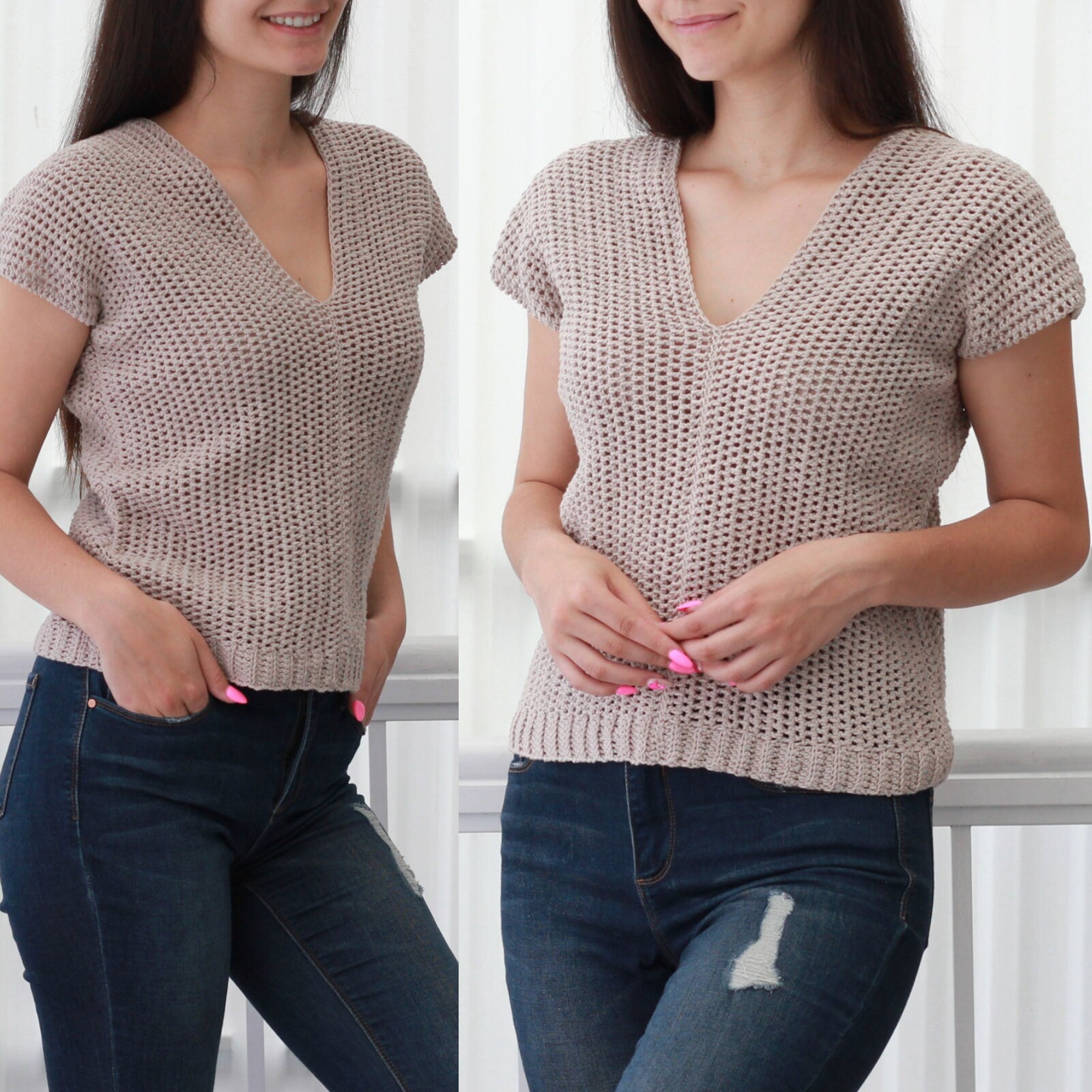 May include: A beige crochet top with a v-neck and short sleeves. The top is made with a loose, open stitch pattern. The model is wearing blue jeans.