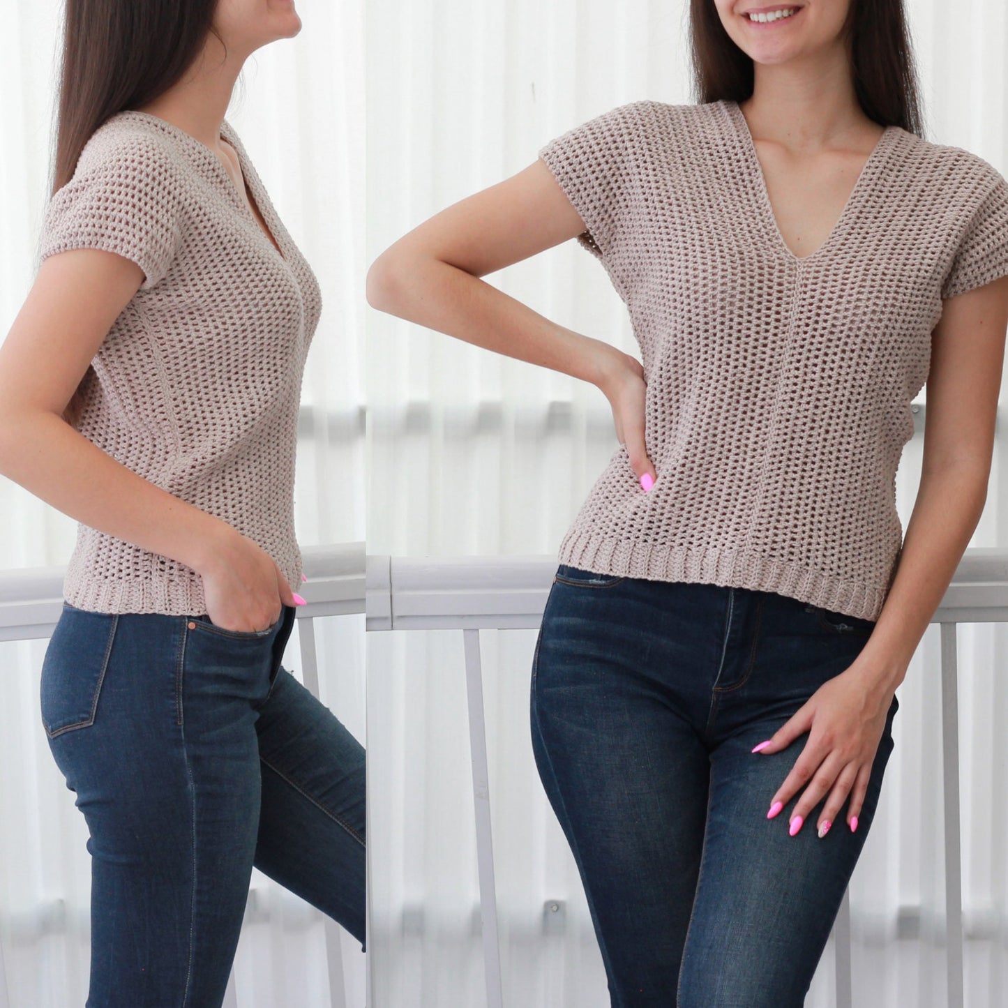 May include: A beige crochet top with a v-neck and short sleeves. The top is made with a loose, open stitch pattern.