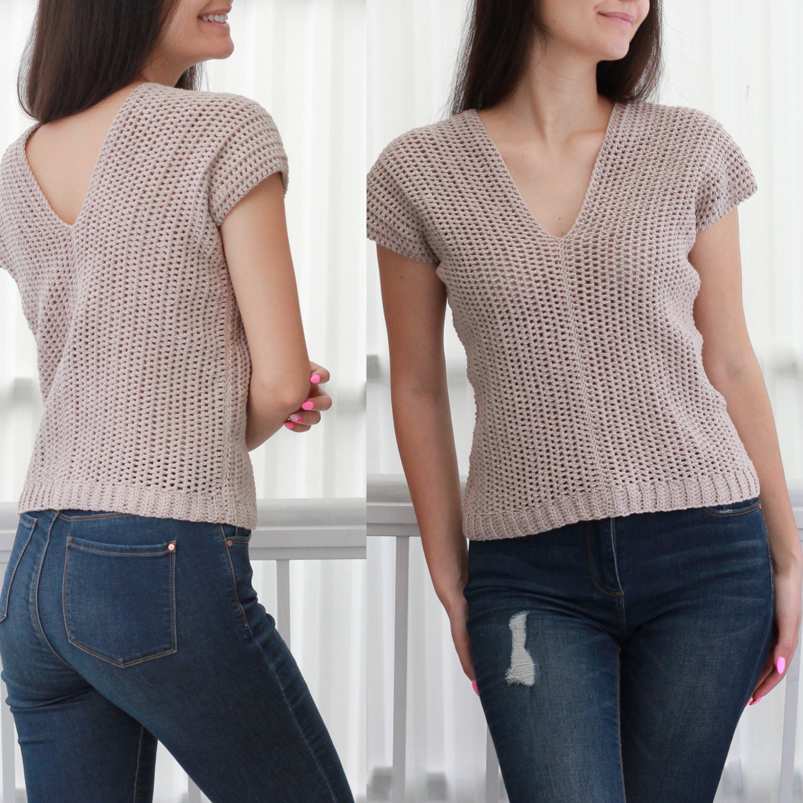 May include: A beige crochet top with a V-neck and short sleeves. The top is made of a lightweight, breathable fabric and has a relaxed fit. The model is wearing the top with blue jeans.