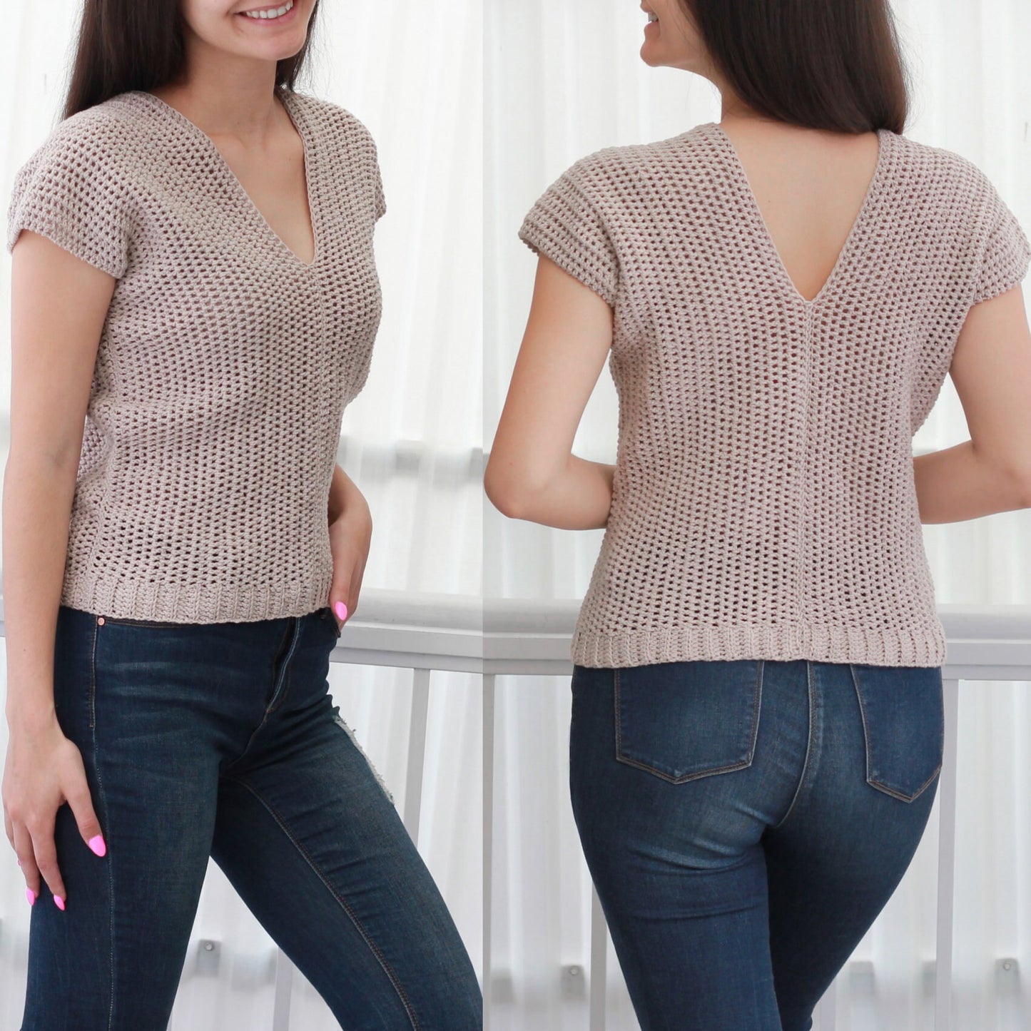 May include: A beige crochet top with a V-neck and short sleeves. The top has a loose fit and is made with a delicate open stitch pattern.