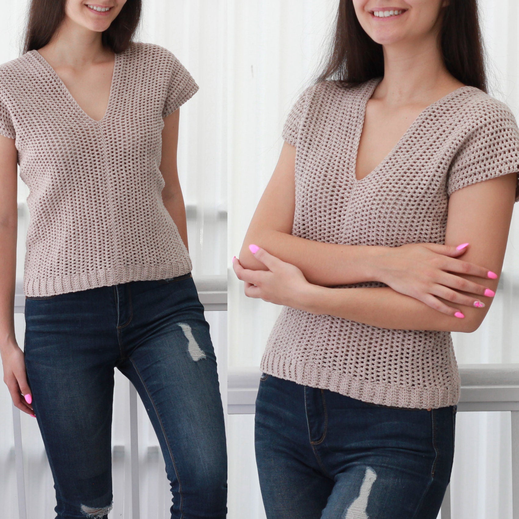 May include: A light brown crochet top with a v-neck and short sleeves. The top is made with a loose, open stitch pattern.
