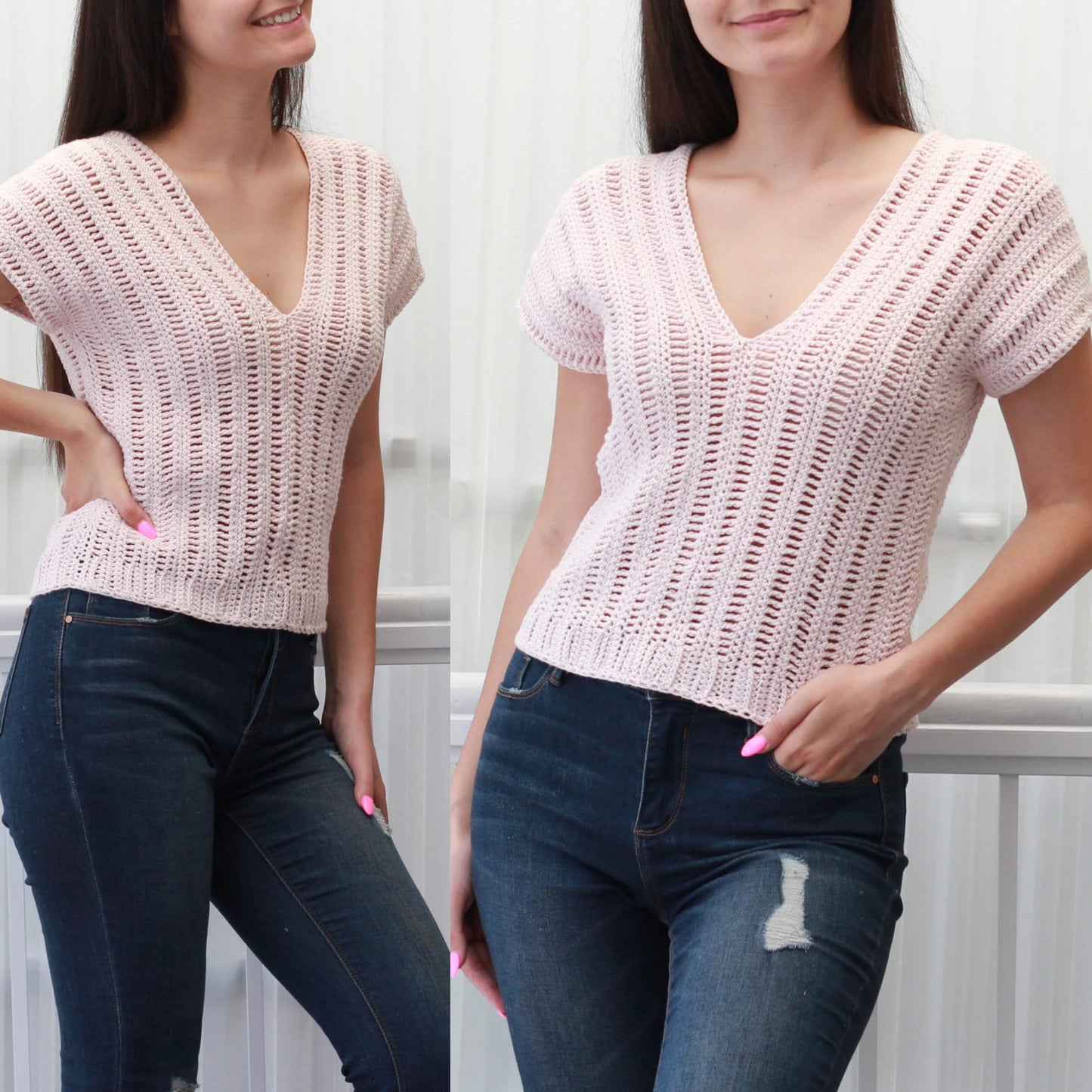 May include: A pink crochet top with a V-neck and short sleeves. The top is made with a delicate open stitch pattern. The model is wearing the top with blue jeans.