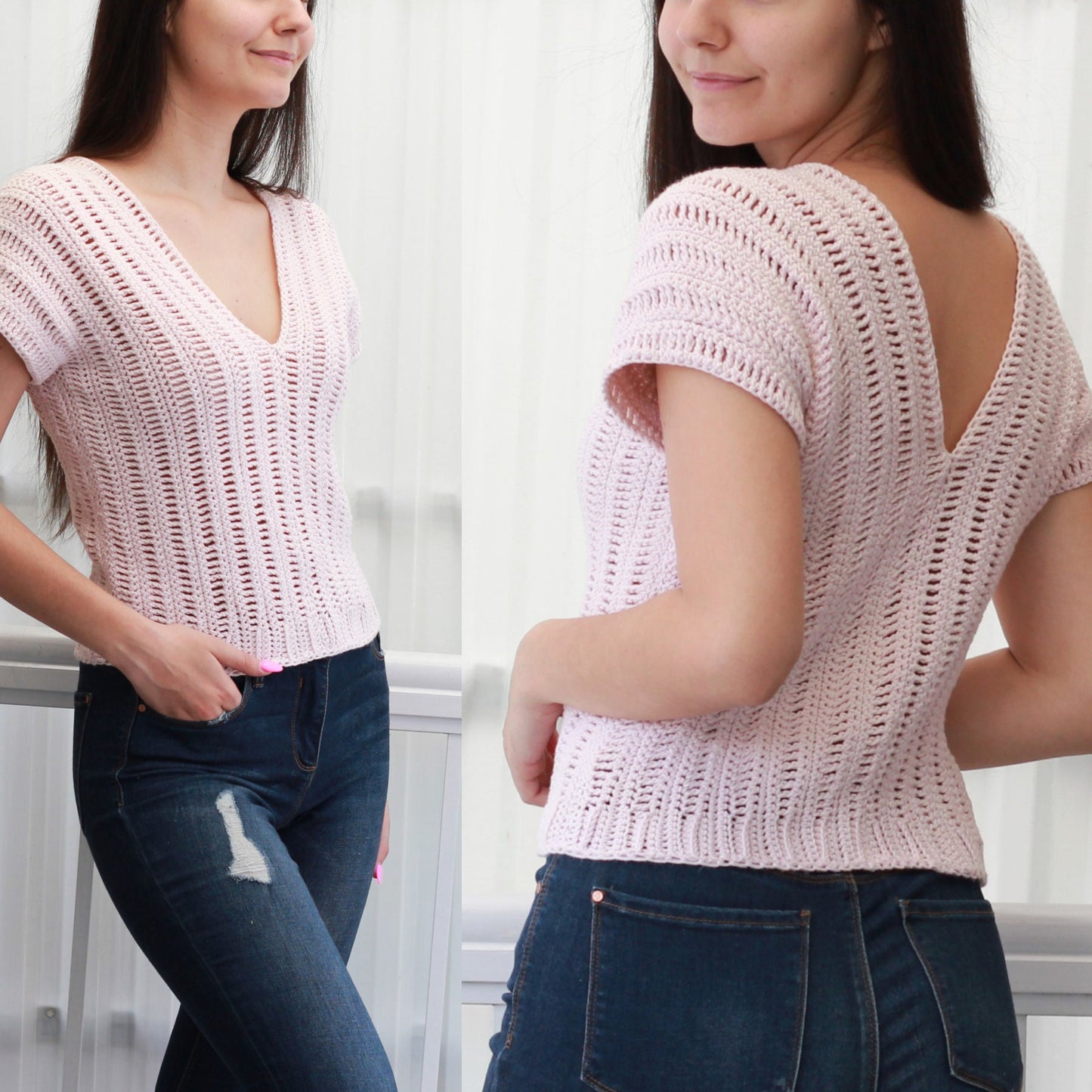 May include: A pink crochet top with a V-neck and short sleeves. The top has a delicate openwork pattern.