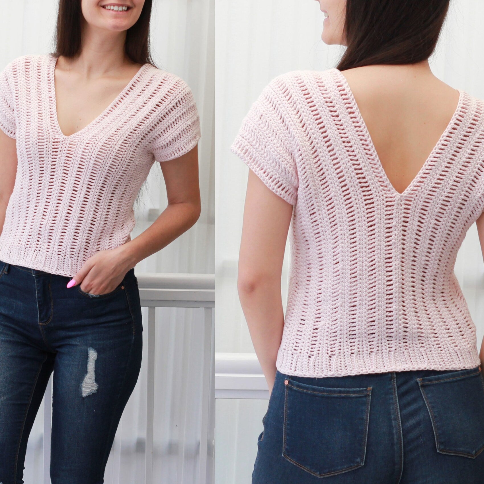 May include: A pink crochet top with a V-neck and short sleeves. The top has a loose fit and a delicate openwork pattern.
