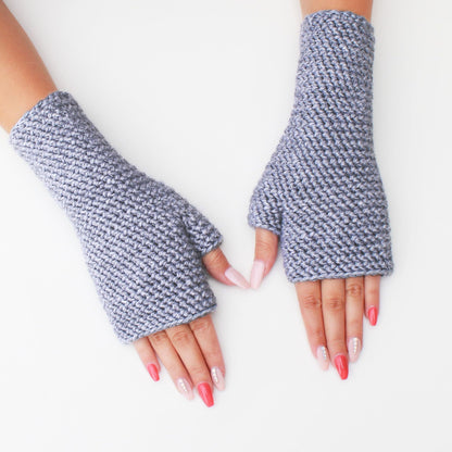 May include: A pair of gray fingerless gloves with a textured knit pattern.