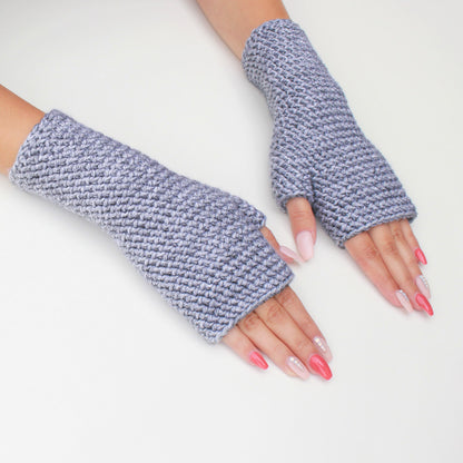 May include: A pair of gray fingerless gloves made of a textured knit fabric.