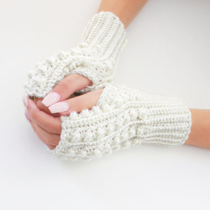 May include: A pair of white crocheted fingerless gloves with a textured, bobble stitch pattern.