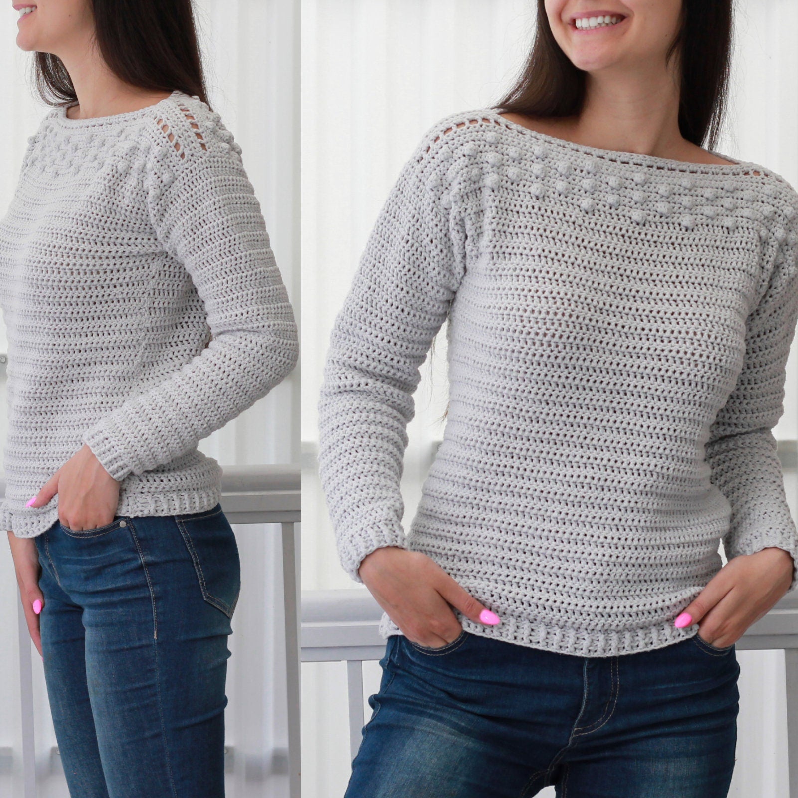 May include: A gray crocheted sweater with a boat neck and a textured stitch. The sweater has a row of small crocheted balls around the neckline and shoulders.