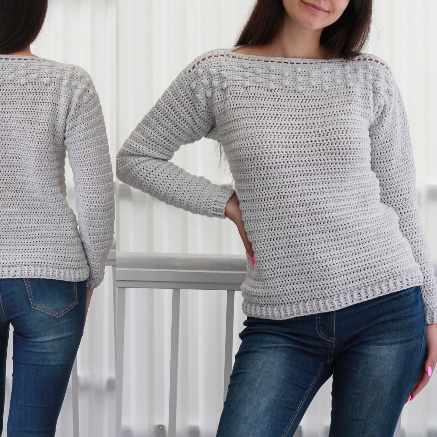 May include: A gray crocheted sweater with a boat neck and a textured stitch. The sweater has a row of crocheted bobbles around the neckline and shoulders.