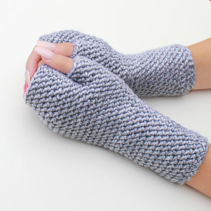 May include: A pair of gray fingerless gloves made of a textured knit fabric.