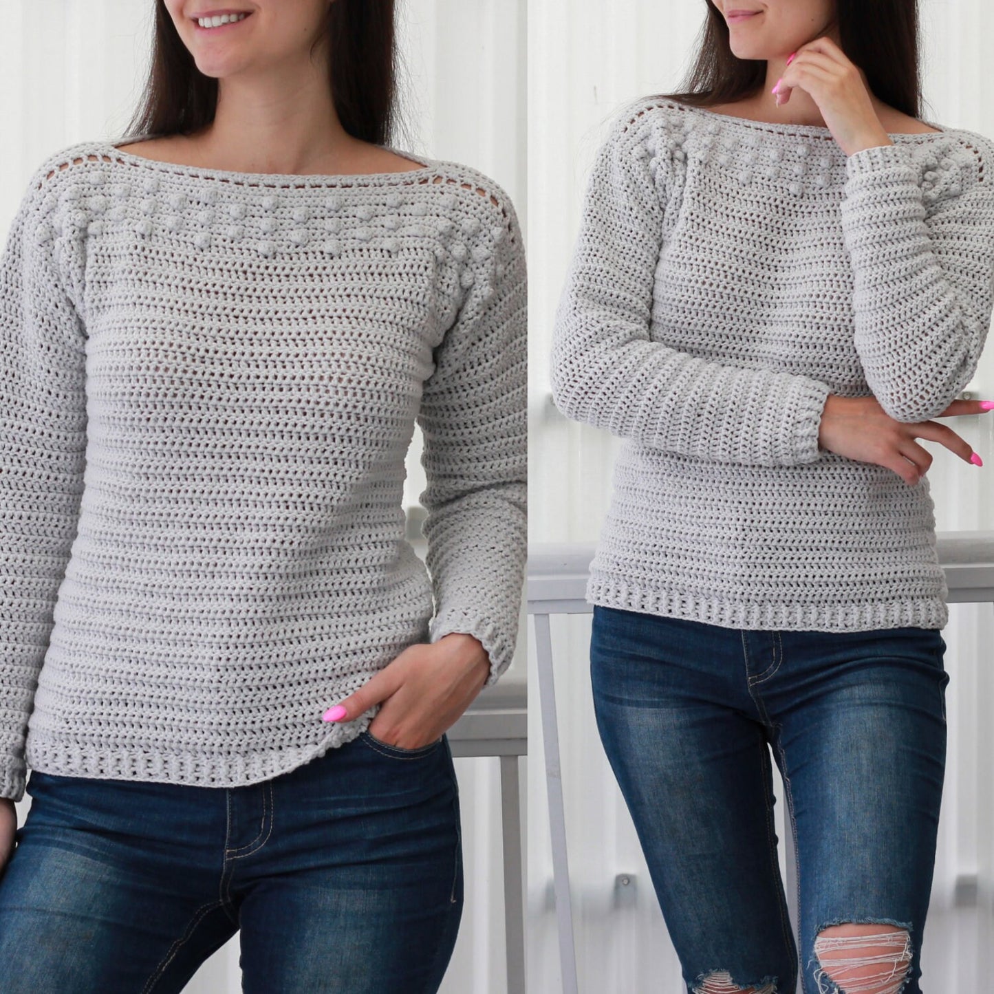 May include: A gray crocheted sweater with a boat neck and long sleeves. The sweater has a textured stitch pattern and a row of small white pom-poms around the neckline.