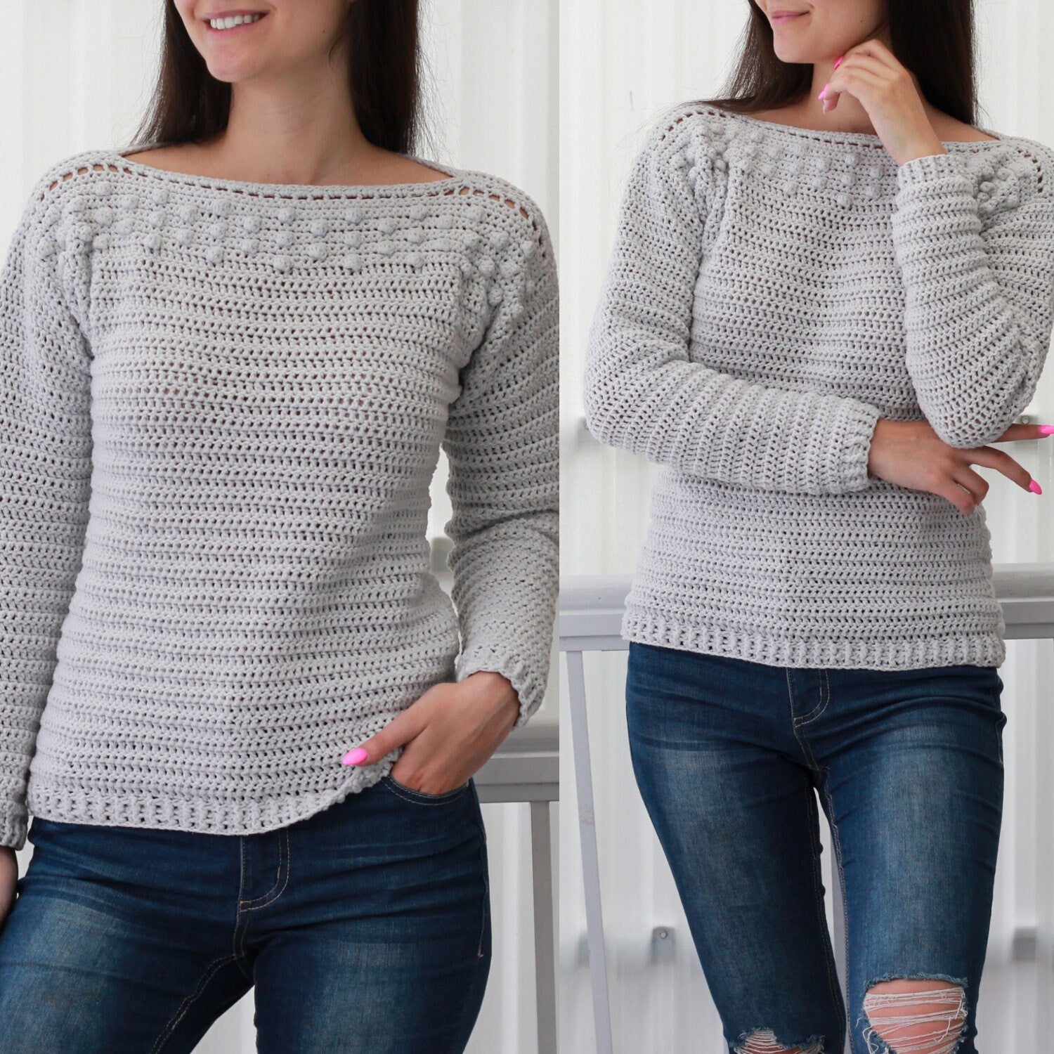 May include: A gray crocheted sweater with a boat neck and long sleeves. The sweater has a textured stitch pattern and a row of small white pom-poms around the neckline.