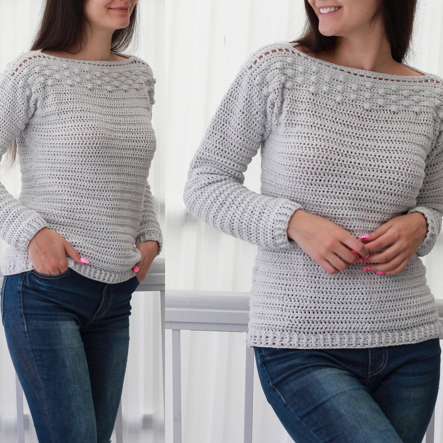 May include: A gray crocheted sweater with a textured stitch pattern and a row of crocheted bobbles around the neckline.