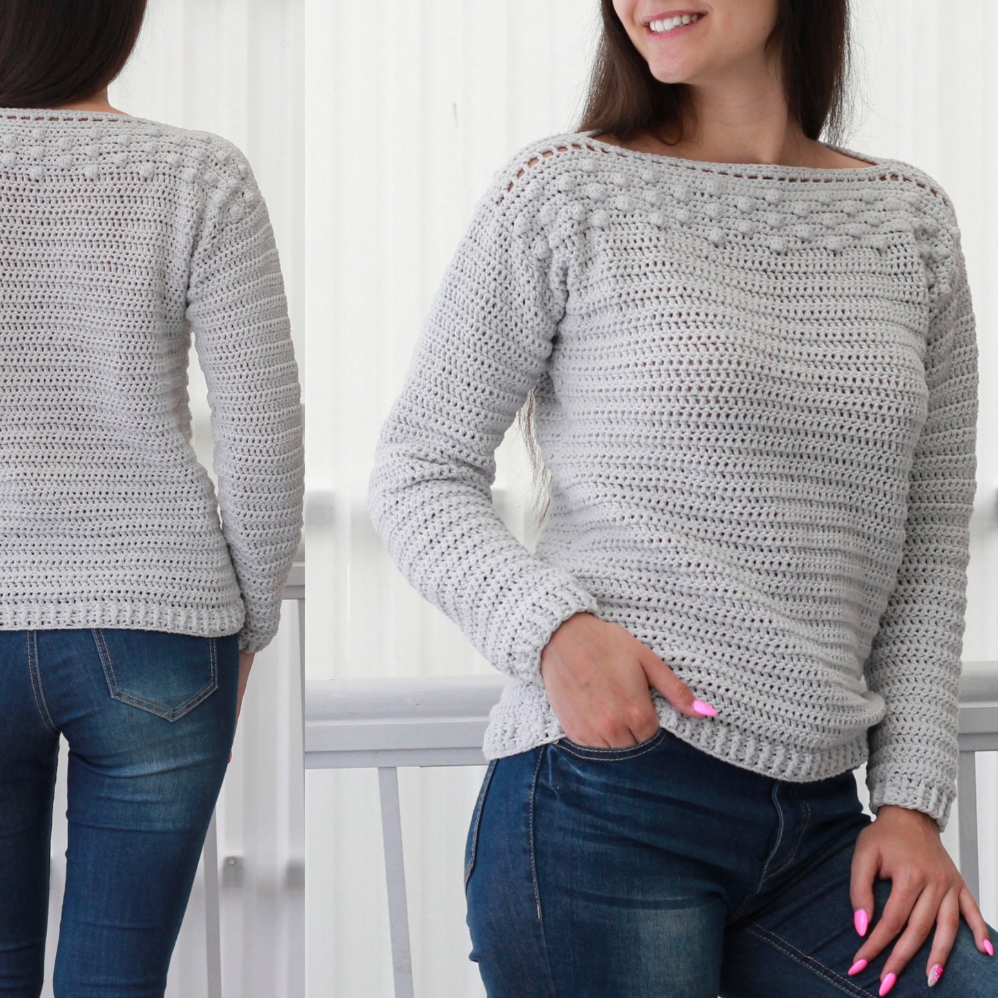 May include: A gray crocheted sweater with a boat neck and a row of white crocheted bobbles around the neckline. The sweater has long sleeves and is shown on a model wearing blue jeans.