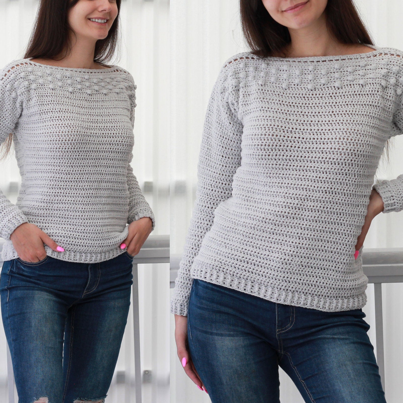 May include: A gray crocheted sweater with a textured stitch pattern and a beaded neckline. The sweater has long sleeves and a relaxed fit.