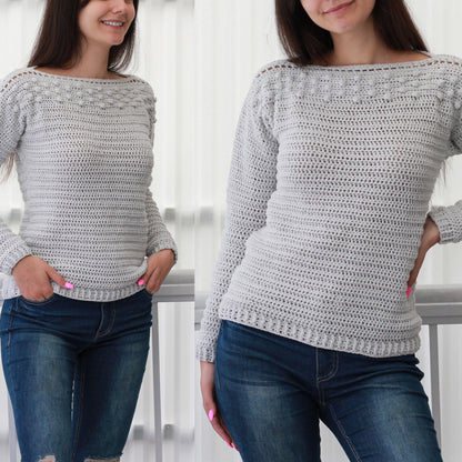 May include: A gray crocheted sweater with a textured stitch pattern and a beaded neckline. The sweater has long sleeves and a relaxed fit.