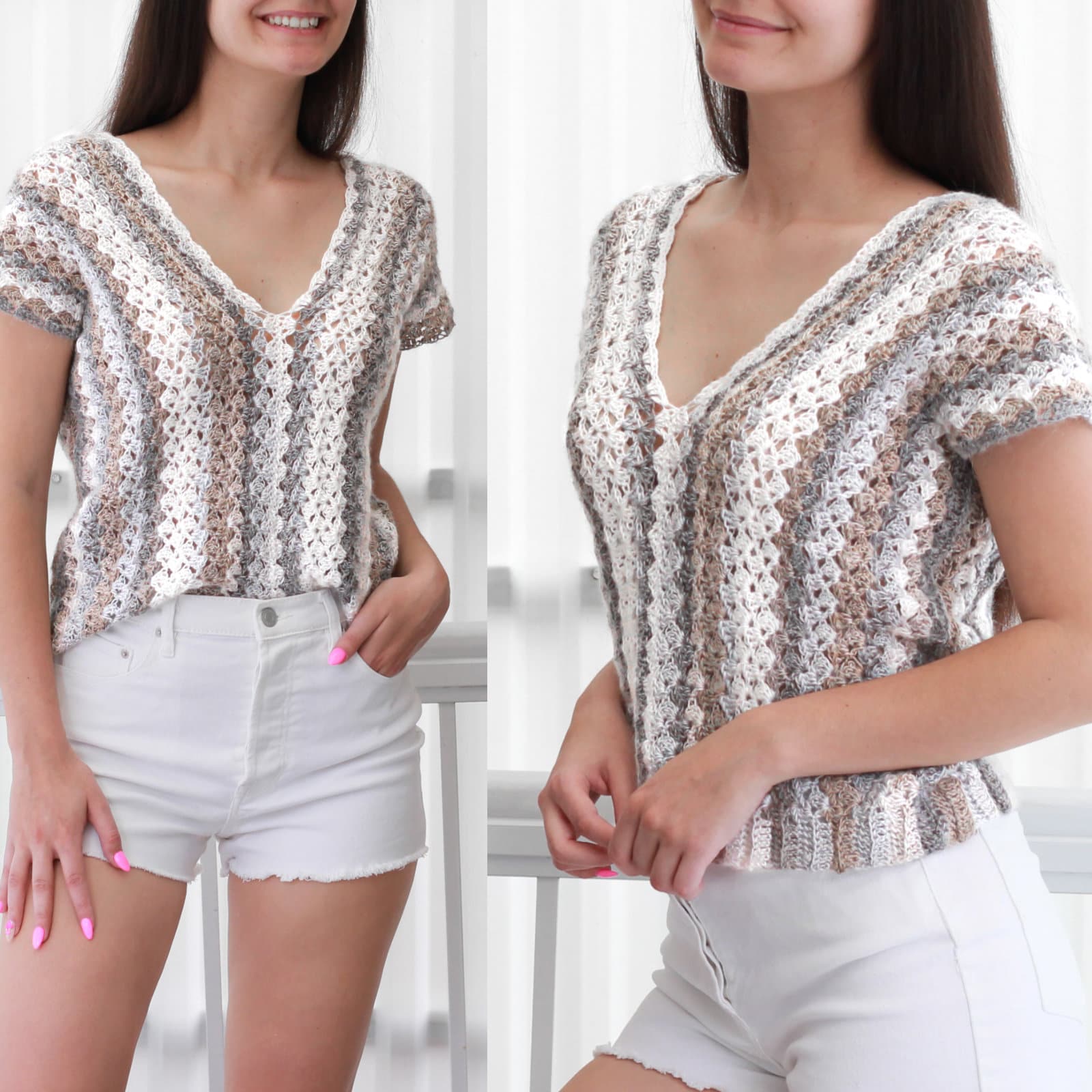 May include: A crocheted top with a V-neck and short sleeves. The top is made with a striped pattern in shades of brown, gray, and white.
