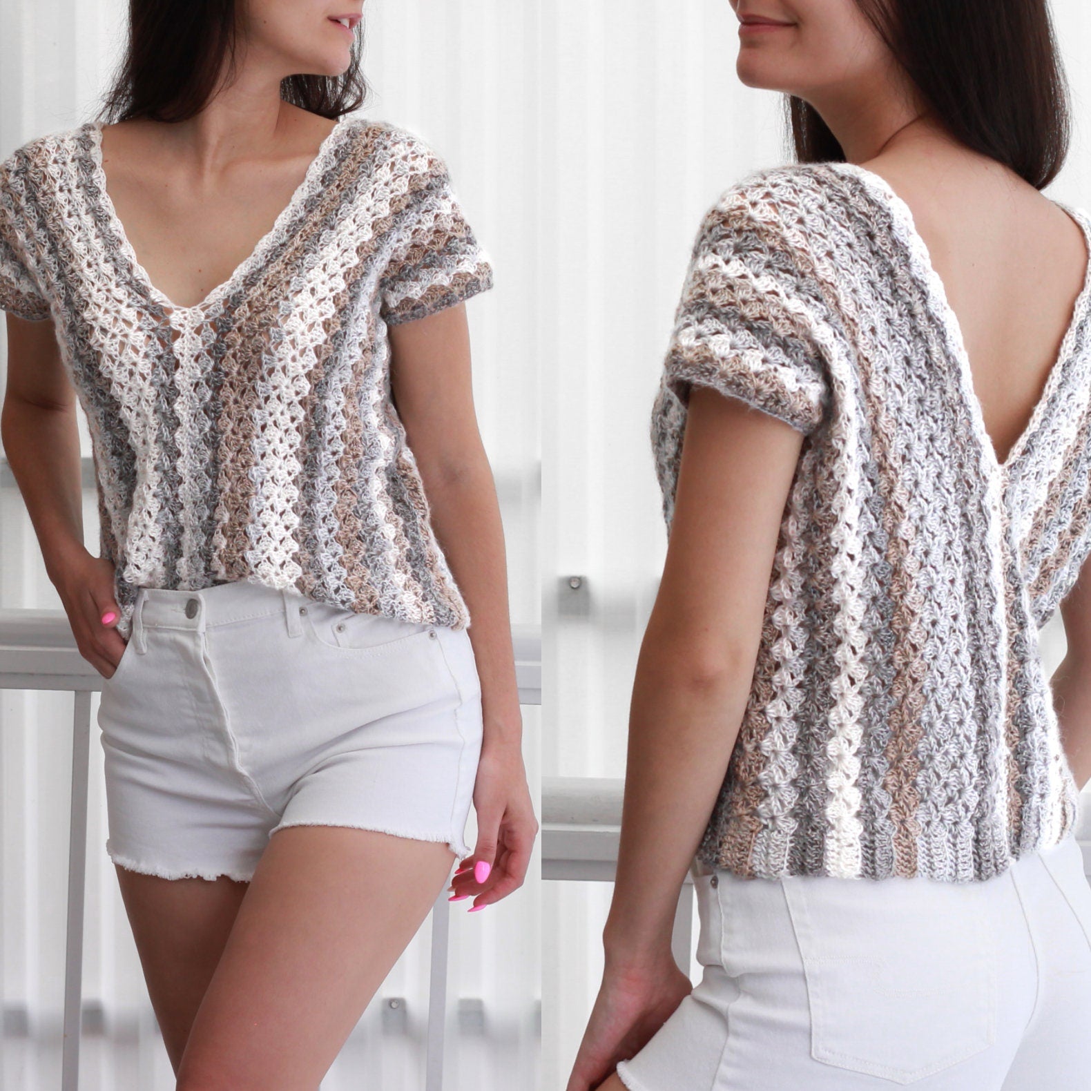 May include: A crocheted top with a v-neck and short sleeves. The top is made with a white, gray, and brown yarn and has a striped pattern. The top is shown on a model wearing white denim shorts.