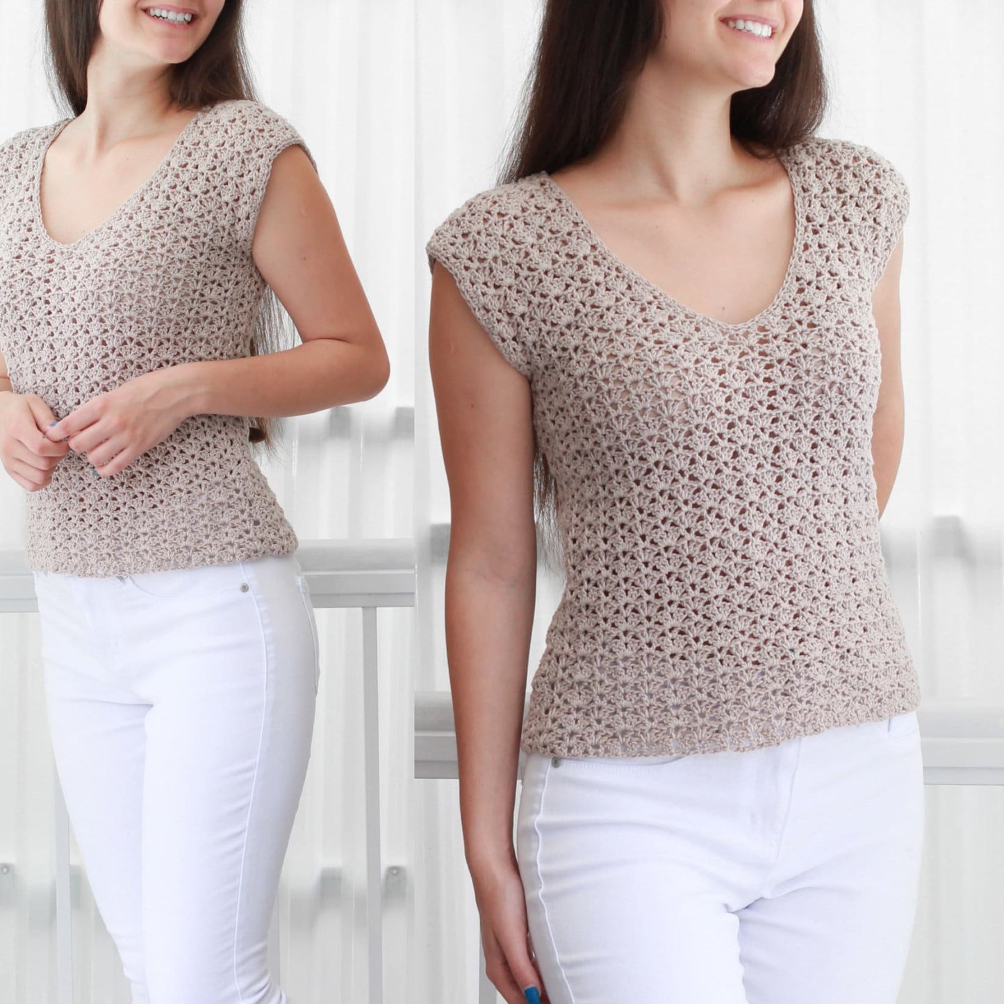 May include: A beige crochet top with a v-neck and short sleeves. The top is made with a delicate open stitch pattern.