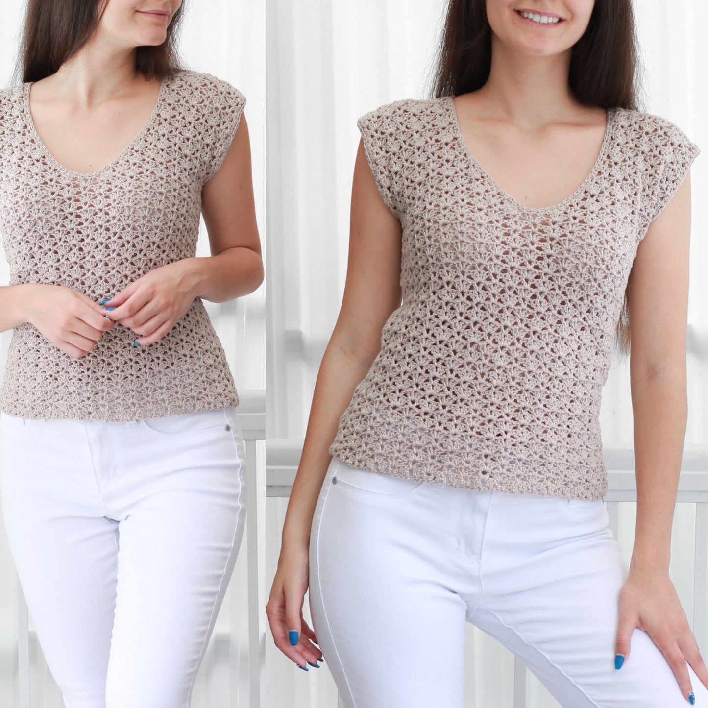 May include: A beige crochet top with a V-neck and short sleeves. The top is made with an open stitch pattern and has a relaxed fit.