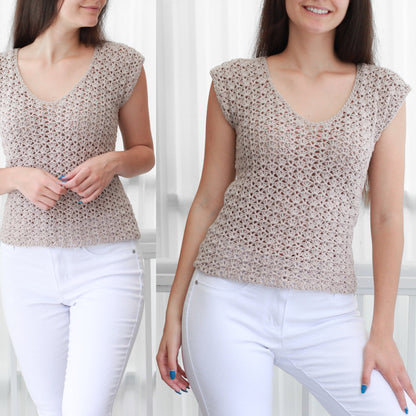 May include: A beige crochet top with a V-neck and short sleeves. The top is made with an open stitch pattern and has a relaxed fit.