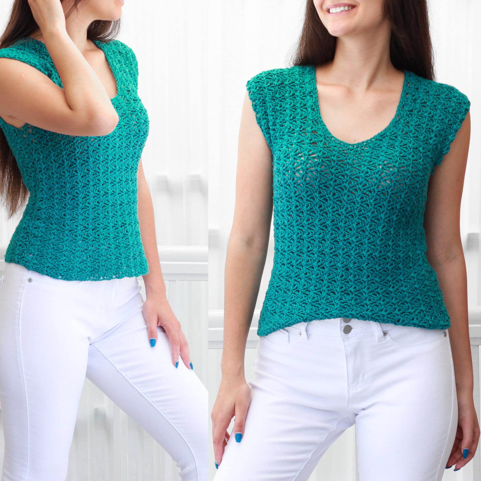 May include: A teal crochet top with a scoop neck and short sleeves. The top is made with a delicate open stitch pattern.