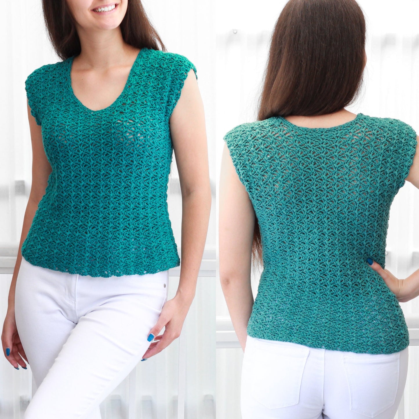 May include: A teal crochet top with a delicate openwork pattern. The top has a scoop neckline and sleeveless design.