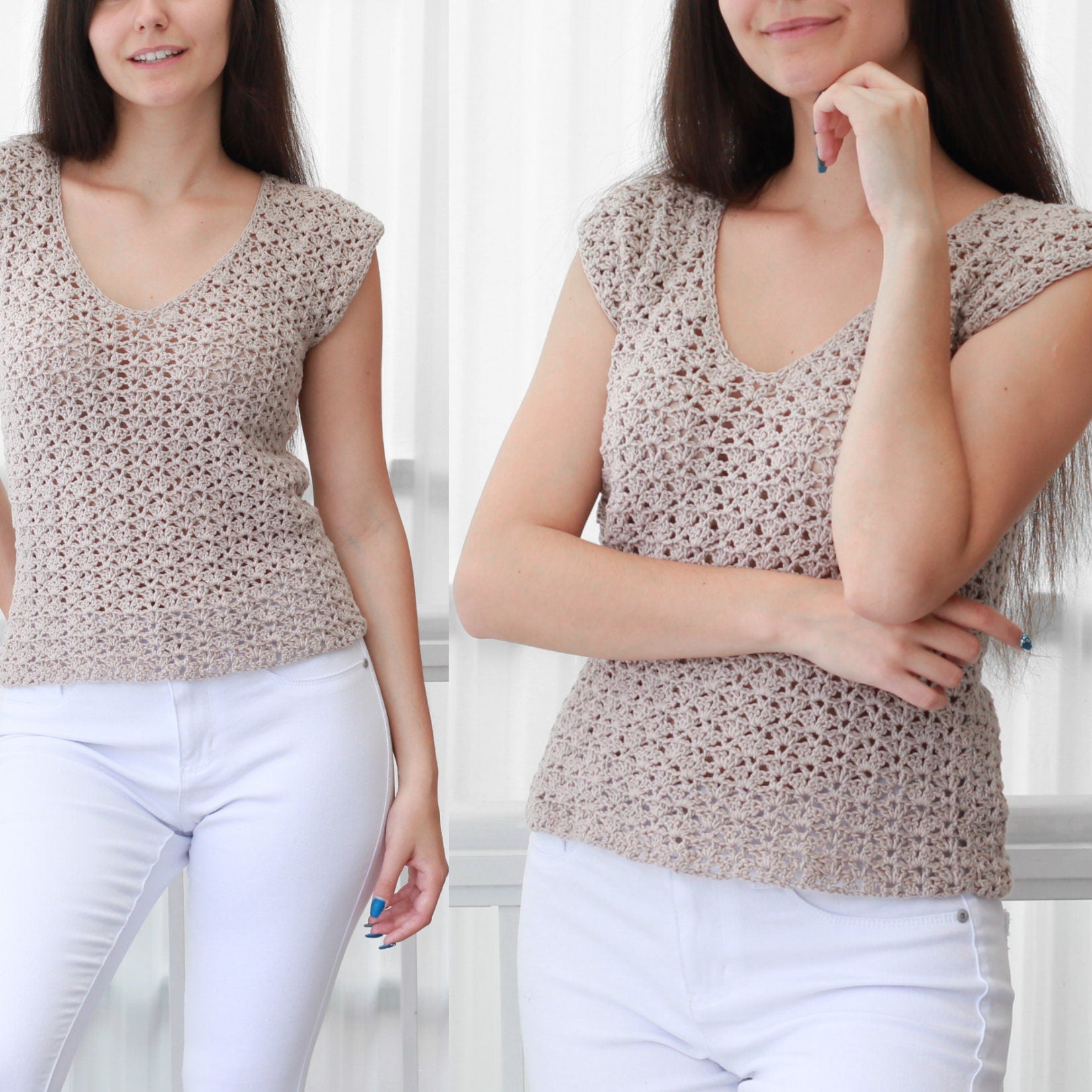 May include: A beige crochet top with a V-neck and short sleeves. The top is made with a delicate open stitch pattern.