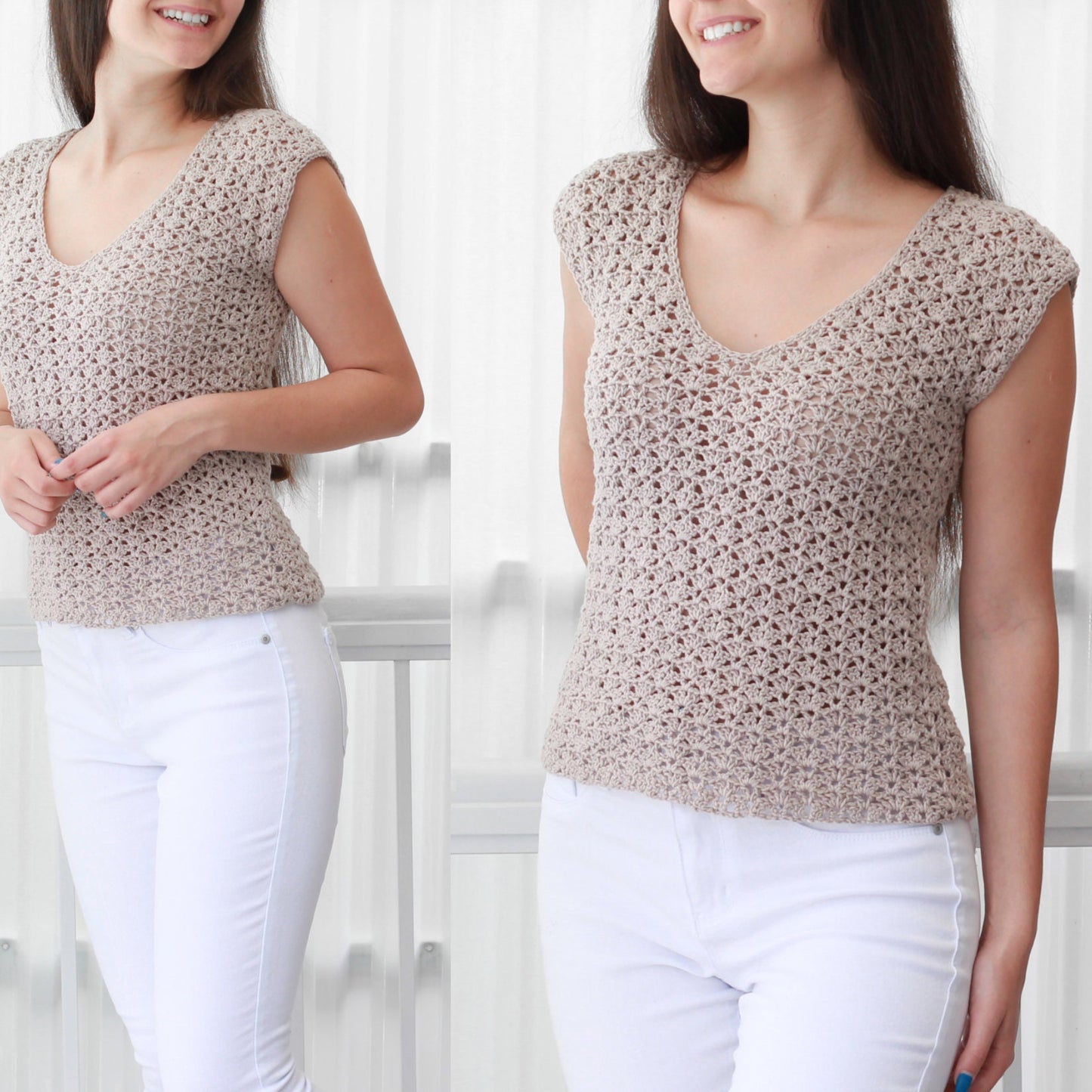 May include: A beige crochet top with a V-neck and short sleeves. The top is made with a delicate stitch pattern and has a relaxed fit.
