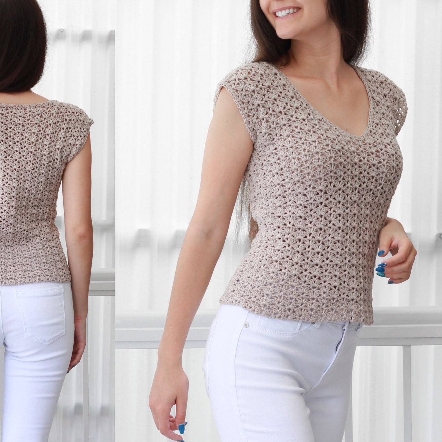 May include: A beige crochet top with a v-neck and short sleeves. The top is made with a delicate stitch pattern and is worn with white pants.
