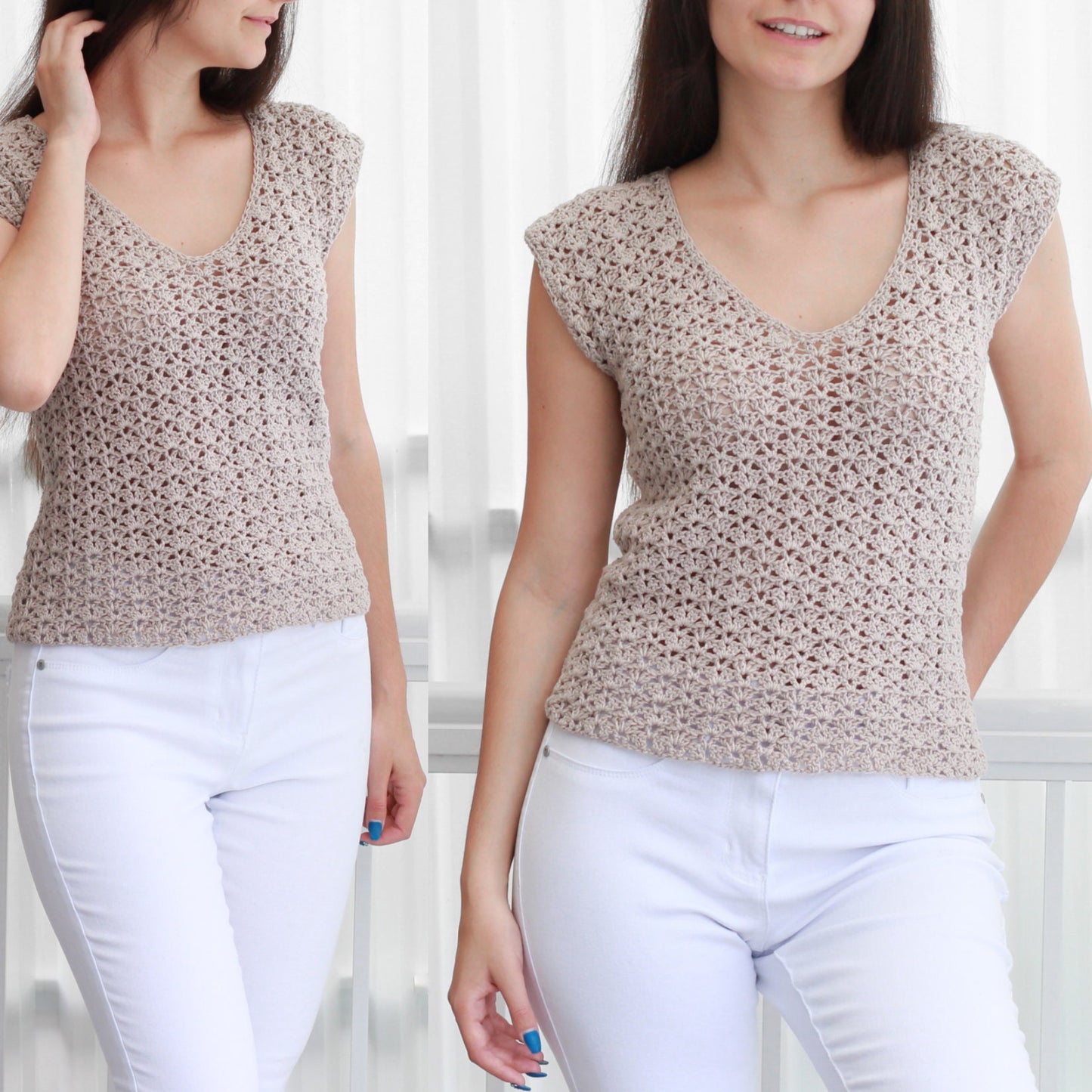 May include: A beige crochet top with a V-neck and short sleeves. The top is made of a lightweight, airy fabric and has a delicate, openwork design.
